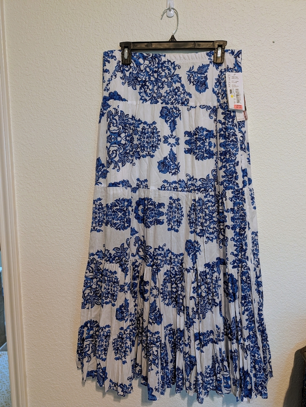 Karen Kane White Maxi Skirt with Blue Floral Print
